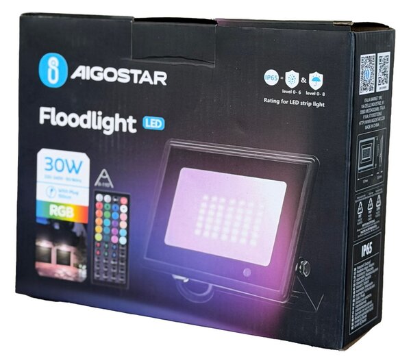 Faro proiettore Led 30W Nero da esterno IP65 RGB luce regolabile e dimmerabile con telecomando Aigostar