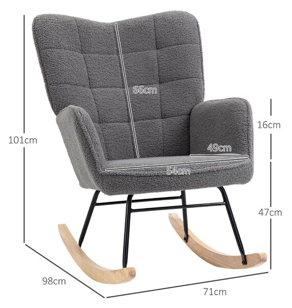 HOMCOM Poltrona a Dondolo Imbottita in Legno e Acciaio per Soggiorno e Camera da Letto, 71x98x101 cm, Grigio Scuro