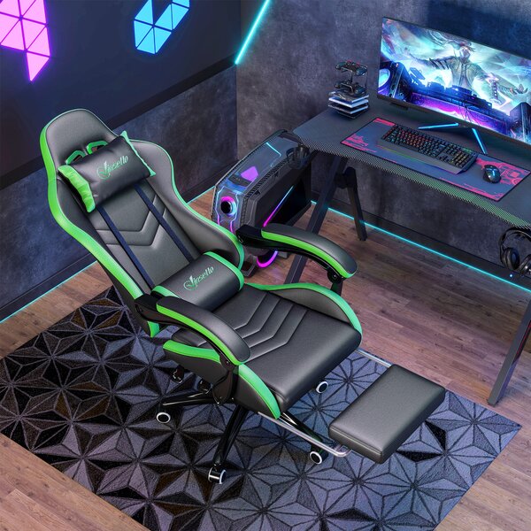Vinsetto Sedia da Gaming con Altezza Regolabile e Schienale Reclinabile, 65x65x121-129 cm, Nero e Verde
