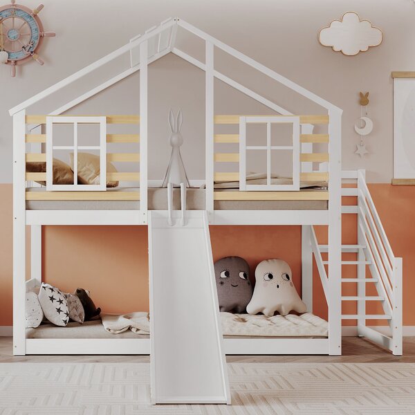 Letto a castello per bambini 6+ anni con scala,sponda,scivolo e finestra, senza materasso, 90x200 cm, Bianco | Aosom Italy