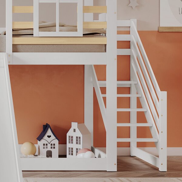Letto a castello per bambini 6+ anni con scala,sponda,scivolo e finestra, senza materasso, 90x200 cm, Bianco | Aosom Italy