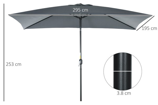 Outsunny Ombrellone Rettangolare 2x3 m Pieghevole e Regolabile con Manovella, in Alluminio e Poliestere, Grigio Scuro