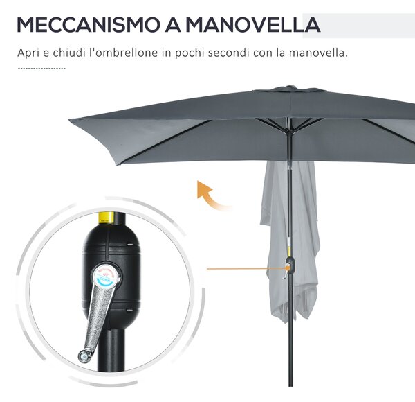 Outsunny Ombrellone Rettangolare 2x3 m Pieghevole e Regolabile con Manovella, in Alluminio e Poliestere, Grigio Scuro
