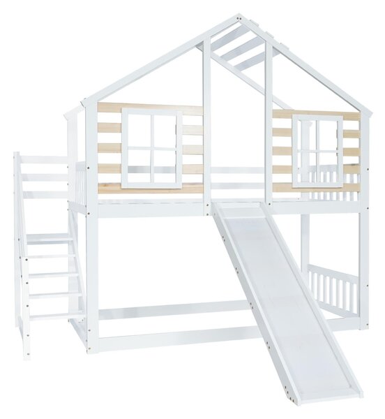 Letto a castello per bambini 6+ anni con scala,sponda,scivolo e finestra, senza materasso, 90x200 cm, Bianco | Aosom Italy