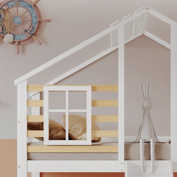 Letto a castello per bambini 6+ anni con scala,sponda,scivolo e finestra, senza materasso, 90x200 cm, Bianco | Aosom Italy
