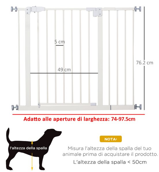 PawHut Cancelletto per Cani Estensibile con Montaggio a Pressione e Chiusura Automatica Altezza 76.2cm, Bianco