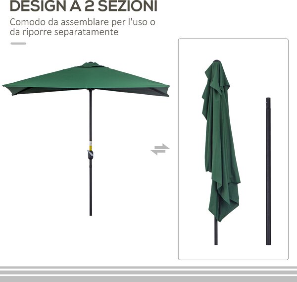Outsunny Ombrellone da Parete Mezzaluna Salvaspazio con Apertura a Manovella, Verde