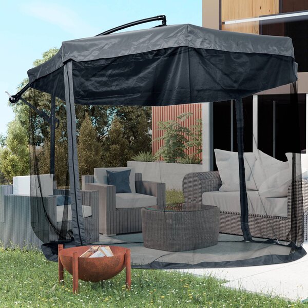Outsunny Ombrellone da Giardino 3x3 m con Zanzariera, Apertura a Manovella e Base a Croce, Grigio Scuro