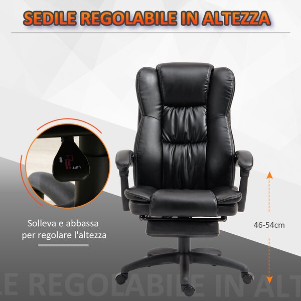Vinsetto Poltrona da Ufficio con 6 Punti Massaggianti e Poggiapiedi, Altezza Regolabile, Sedia in Finta Pelle, 68.5x68.5x113-121cm, Nera | Aosom Italy