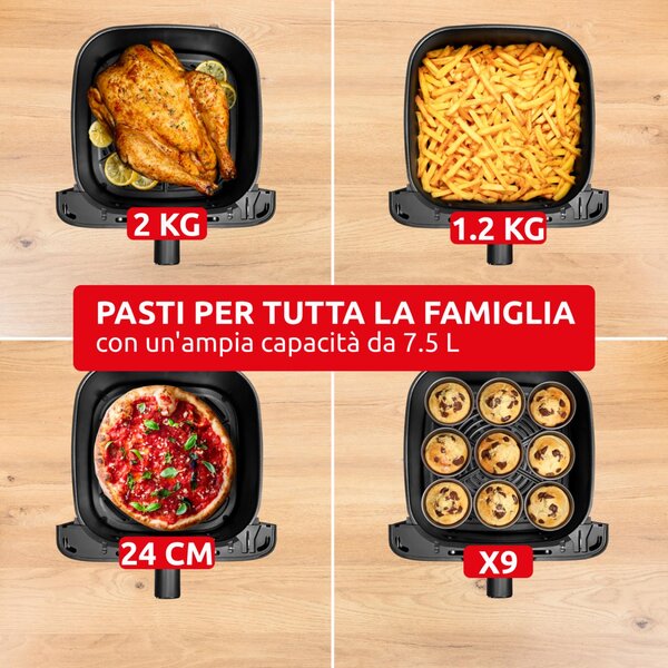 Moulinex Friggitrice ad Aria XL Capacit 7,5 Litri Potenza 2020 Watt con Timer Termostato Regolabile e Ciotola Antiaderente colore Nero - EZ8618 Ea