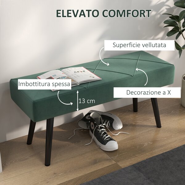 HOMCOM Panca Imbottita Fondoletto in Tessuto Effetto Velluto e Acciaio, 100x36x45 cm, Verde e Nero|Aosom