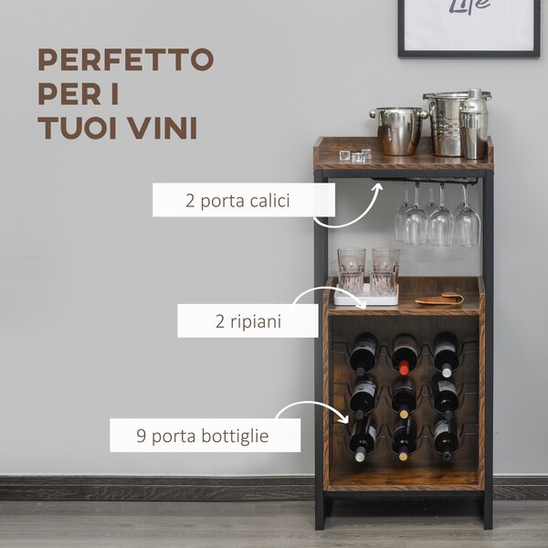 HOMCOM Mobile Portabottiglie Stile Industriale con Cantinetta Vini per 9 Bottiglie e Portacalici, Marrone|Aosom