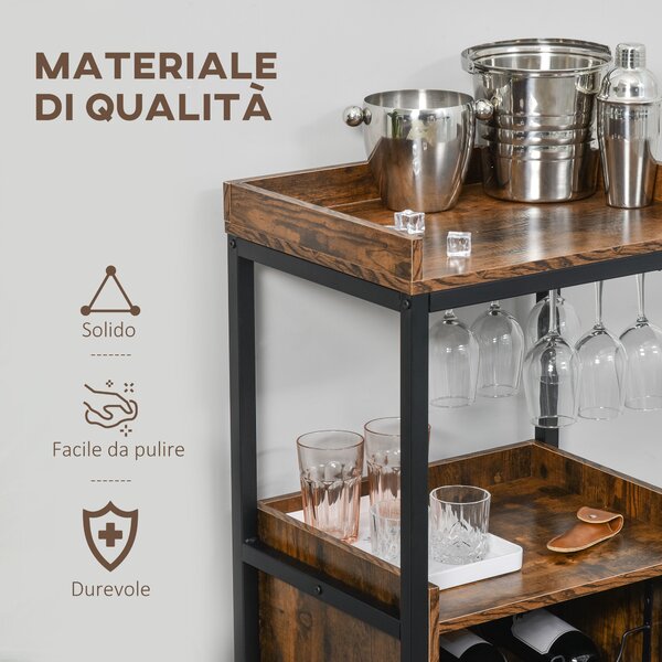 HOMCOM Mobile Portabottiglie Stile Industriale con Cantinetta Vini per 9 Bottiglie e Portacalici, Marrone|Aosom