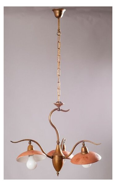 ANTICO TOSCANO LAMPADARIO 3 LUCI IN OTTONE E PIATTI IN TERRACOTTA MADE IN ITALY