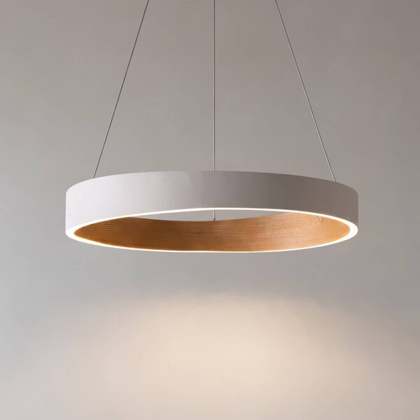 Lampada LED a sospensione Lucande Daelor, bianco/legno, CCT, dimmerabile Daelor Lucande,, Bianco / Opale, Soggiorno / Sala da pranzo, Metallo, Design