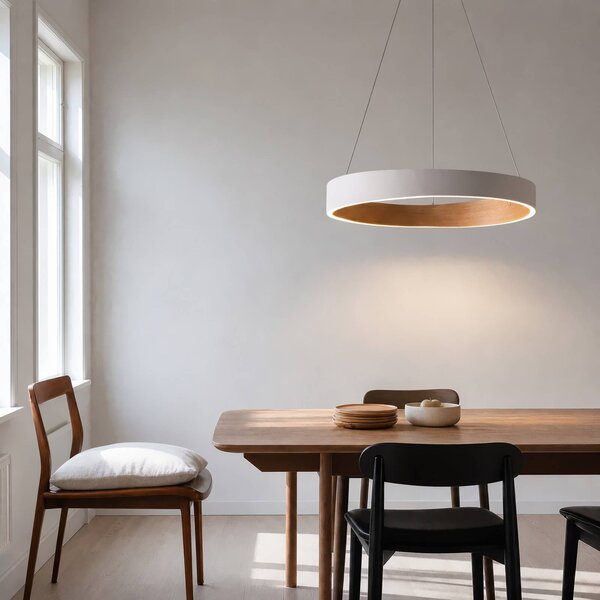 Lampada LED a sospensione Lucande Daelor, bianco/legno, CCT, dimmerabile Daelor Lucande,, Bianco / Opale, Soggiorno / Sala da pranzo, Metallo, Design