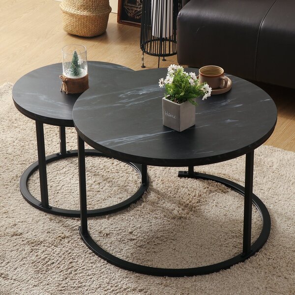 KAHOO tavolino da caffè rotondo, 2 pezzi con motivo in marmo, 70x45cm+50x40cm, nero