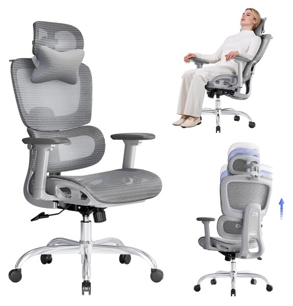 Sedia da ufficio ergonomica grigia con poggiapiedi e schienale a 5 zone