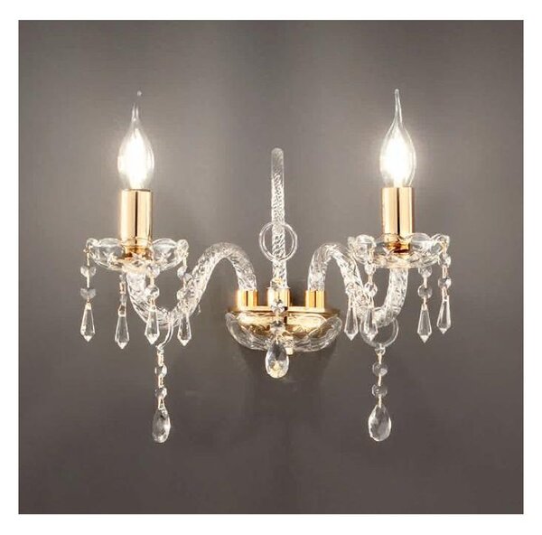 MARIA TERESA T4 LAMPADARIO DA PARETE A 2 LUCI IN VETRO TRASPARENTE E CRISTALLO CON FINITURE ORO