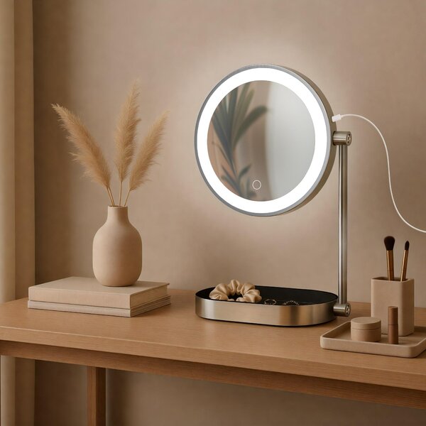 Specchio da trucco CLP Winslet, rotazione a 360°, doppio lato, ingrandimento 1X/10X, illuminazione LED, interruttore touch, colore bianco