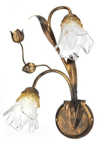 ARIANNA APPLIQUE 2 LUCI IN METALLO BRONZO SPENNELLATO ORO CON DIFFUSORE IN VETRO SOFFIATO