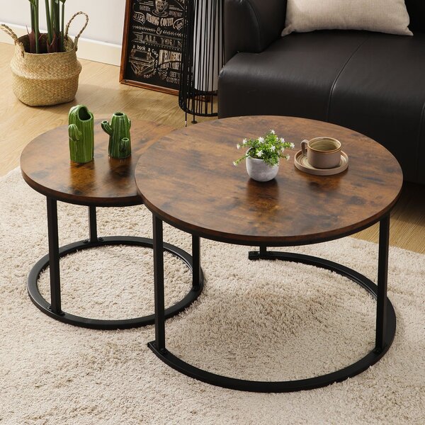 KAHOO tavolino da caffè rotondo, 2 pz. con motivo in marmo, 70x45cm+50x40cm, marrone
