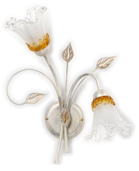LANCIA APPLIQUE CLASSICA 2 LUCI IN METALLO BIANCO SPENNELLATO ARGENTO E DIFFUSORI IN VETRO