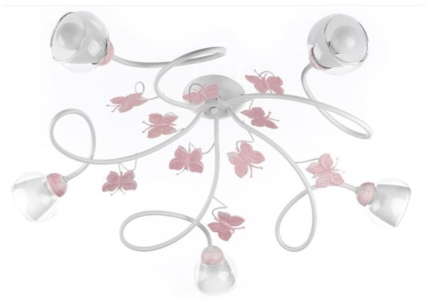 BUTTERFLY PLAFONIERA 5 LUCI PER CAMERETTA BIMBE IN METALLO BIANCO CON FARFALLE ROSE
