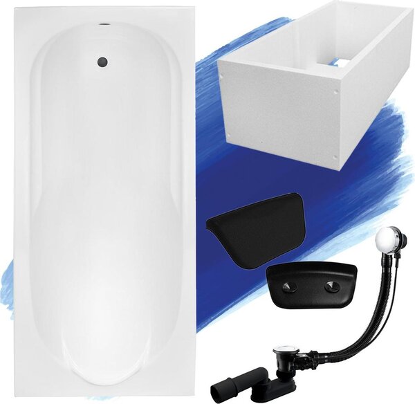 Set da bagno rettangolare 5in1 190x80 con set di scarico premium e piedini FREE + supporto da bagno + poggiatesta in nero | BADLAND BONA