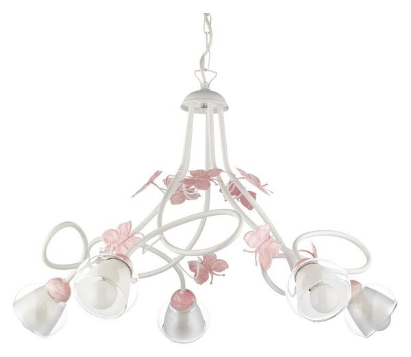 BUTTERFLY LAMPADARIO A SOSPENSIONE PER BIMBE 5 LUCI IN METALLO BIANCO CON FARFALLE ROSE