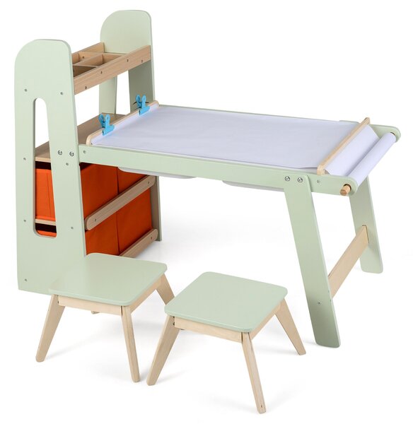 Costway Tavolo sensoriale per bambini con 2 sgabelli e libreria per cameretta, Tavolo da disegno con lavagna nera e bianca rotolo di carta
