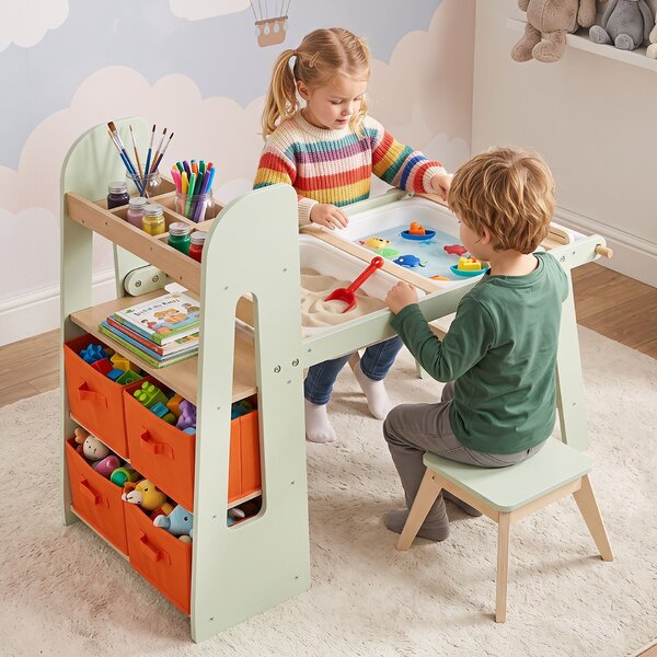 Costway Tavolo sensoriale per bambini con 2 sgabelli e libreria per cameretta, Tavolo da disegno con lavagna nera e bianca rotolo di carta