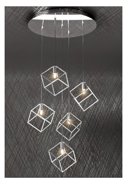 FRAME SOSPENSIONE MODERNA A 5 LUCI DIFFUSORI A CUBO IN METALLO CROMATO CON LAMPADINE ATTACCO G9