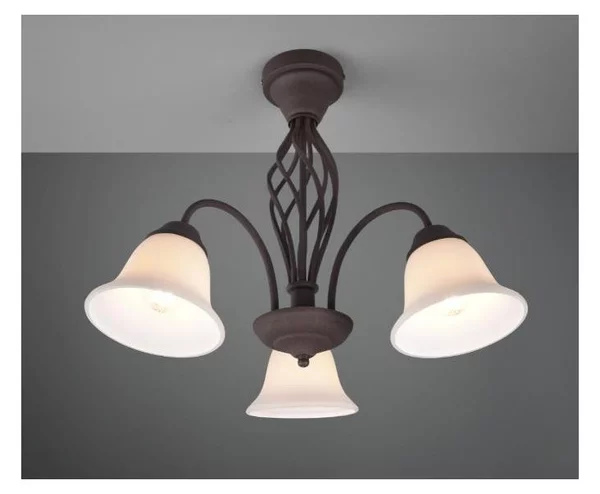 RUSTICA PLAFONIERA A 3 LUCI IN METALLO COLOR RUGGINE CON DIFFUSORI IN VETRO BIANCO D55 CM
