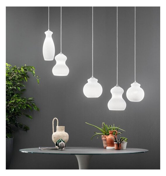 MADAGASCAR SOSPENSIONE VINTAGE DECENTRATA CON 5 LUCI IN VETRO SOFFIATO BIANCO OPALE RIGATO