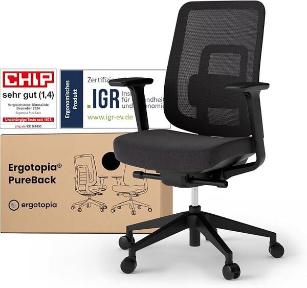 Sedia da ufficio ergonomica PureBack – Sedia da scrivania ergonomica con braccioli 4D e meccanismo sincronizzato – Sedia da ufficio ergonomica, vincitrice di test – Comoda sedia girevole per l'ufficio, ideale per una postura corretta