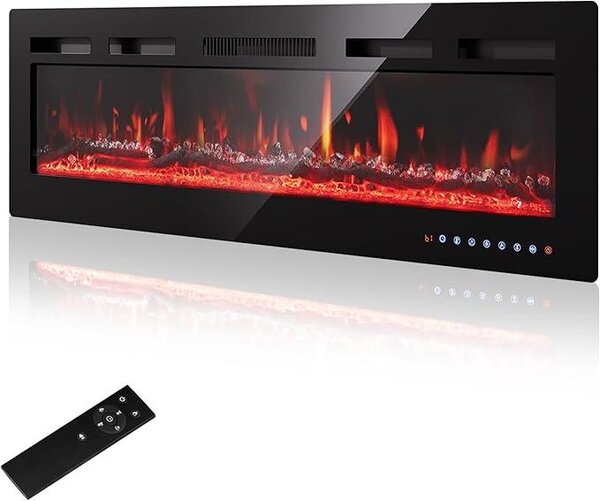 Camino elettrico da parete, 50"/127 cm - Fiamma LED con 12 colori regolabili ed effetto crepitio, camino elettrico da 900W/1500W con riscaldamento e termostato regolabile da 15-30°C, display touchscreen intuitivo e telecomando