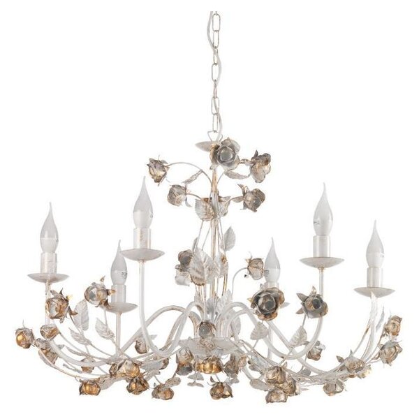 LAMPADARIO 6 LUCI CLASSICO IN FERRO BATTUTO AVORIO CON DECORI FLOREALI D70 CM