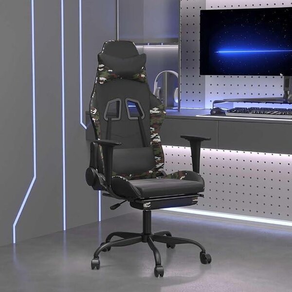 Sedia da gaming con funzione massaggio e poggiapiedi, rivestita in ecopelle, colore nero mimetico, dimensioni 66x56x120-131 cm. Sedia girevole adatta per la casa, l'ufficio, lo studio e la sala giochi