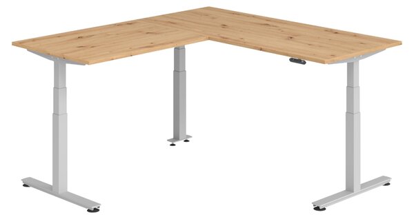 Scrivania angolare bümö regolabile elettricamente in altezza, forma a L - Struttura: argento, decorazione: rovere nodoso, dimensioni: scrivania angolare 180 x 200 cm