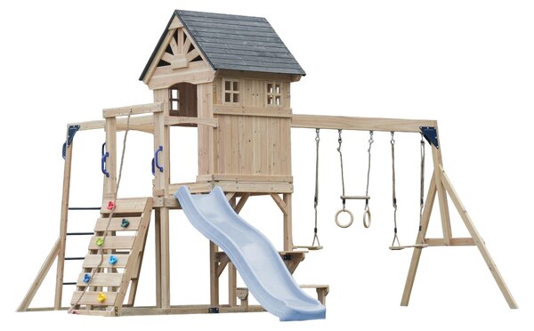 AXI Duncan Area giochi in legno, 2 altalene, 1 scivolo - Blu pastello | Casetta / Attrezzatura da gioco XXL per bambini con struttura per arrampicata, barre fisse e trapezio | Per il giardino / Esterno