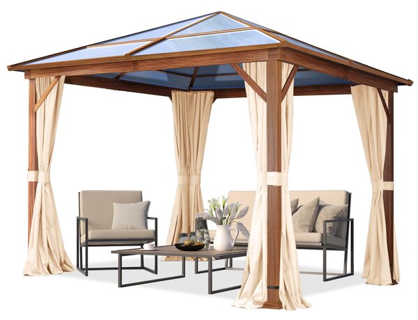TOOLPORT Gazebo da giardino 3x3 m look quercia, tetto ca. 8mm policarbonato, 4 teli laterali color crema