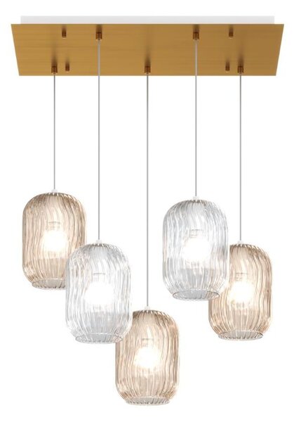 TENDER SOSPENSIONE 5 LUCI RETTANGOLARE FINITURA OTTONE CON DIFFUSORI IN VETRO COLORATO