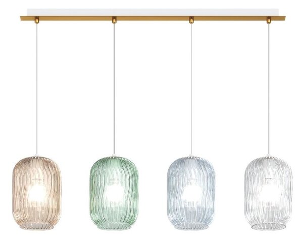 TENDER SOSPENSIONE 4 LUCI IN METALLO FINITURA OTTONE CON DIFFUSORI IN VETRO COLORATO