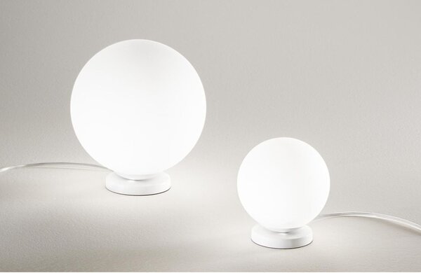 POTIRI LAMPADA DA TAVOLO IN VETRO BIANCO SATINATO CON SFERA DIAMETRO CM 15 O CM 25 MODERNA