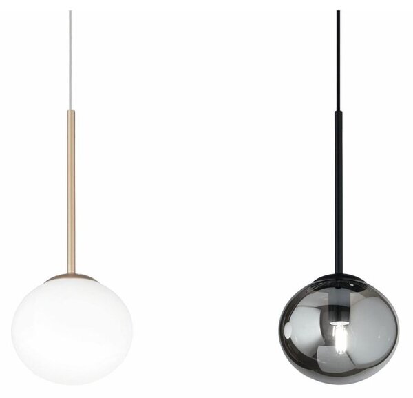 JEWEL SOSPENSIONE SINGOLA NERA O ORO CON SFERE IN VETRO FUME O BIANCO MODERNA LAMPADINA ATTACCO E14