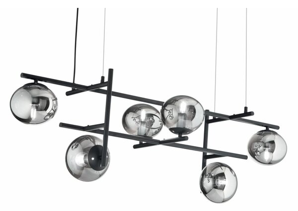 JEWEL SOSPENSIONE MODERNA 6 LUCI NERA O ORO CON SFERE IN VETRO FUME O BIANCO LAMPADINE ATTACCO E14