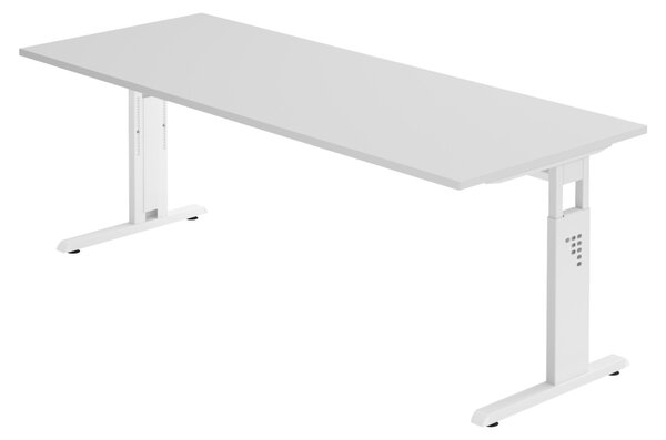 Scrivania della serie "O" di bümö: finitura grigia, struttura bianca, dimensioni 200 x 80 cm