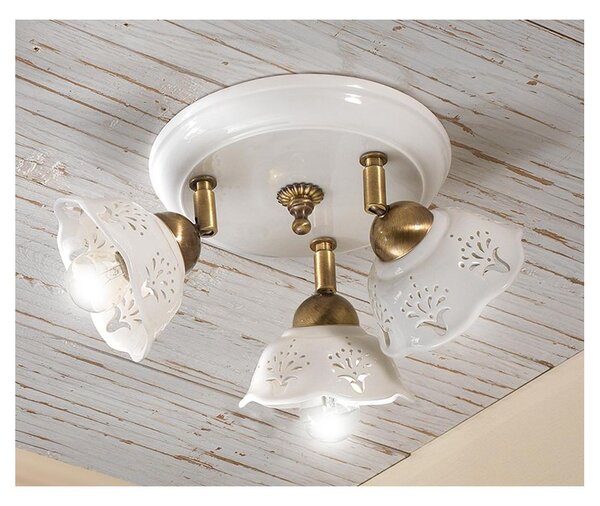 2247.3 PLAFONIERA ROTONDA 3 LUCI IN TERRACOTTA BIANCA LUCIDA TRAFORATA E DETTAGLI IN OTTONE MADE IN ITALY