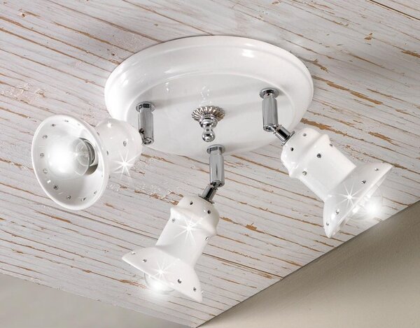 2246.3 PLAFONIERA ROTONDA 3 LUCI IN TERRACOTTA BIANCA LUCIDA CON CRISTALLI E DETTAGLI CROMO MADE IN ITALY